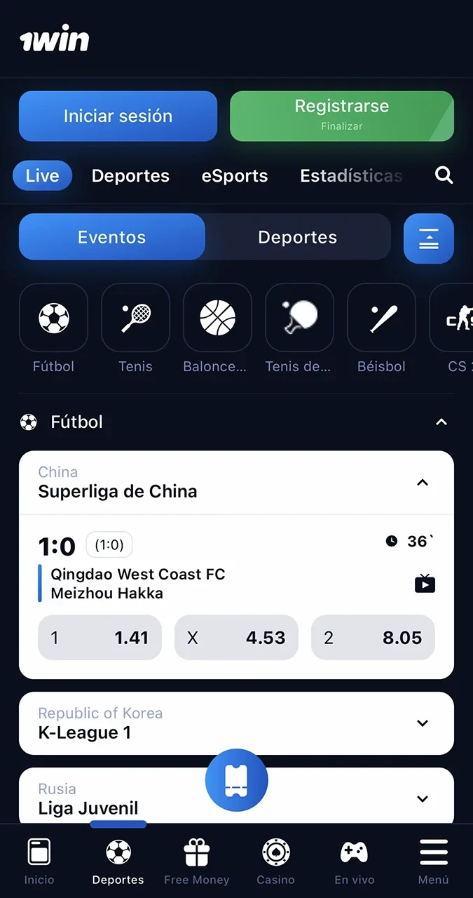 Apuestas deportivas disponibles en la app 1win.