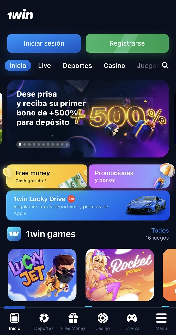 Página de inicio en la aplicación 1win.