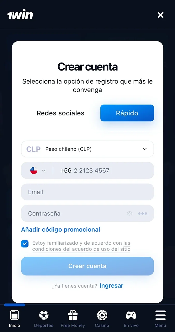 Formulario de inscripción en la aplicación 1win.