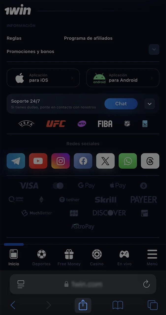 Selecciona el botón de compartir para empezar a instalar la aplicación 1win en tu dispositivo iOS.