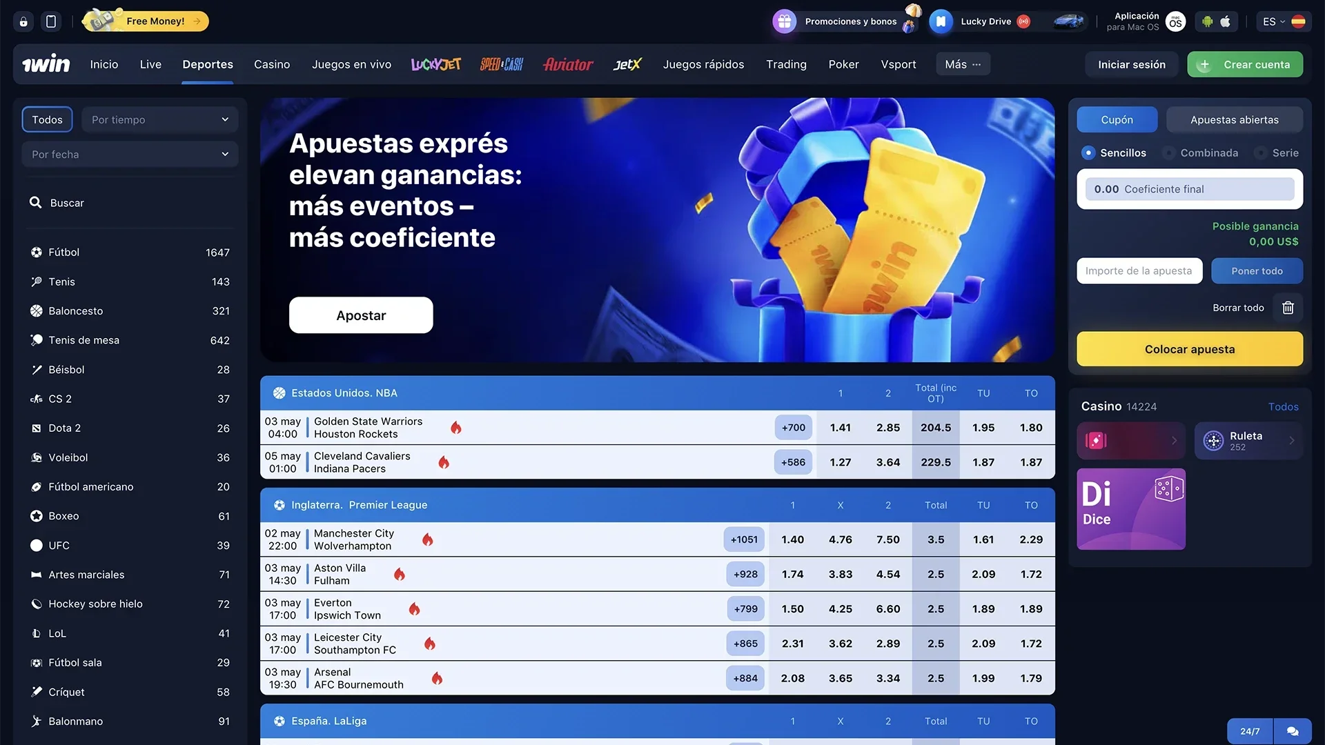 Apuestas deportivas disponibles en la app 1win.