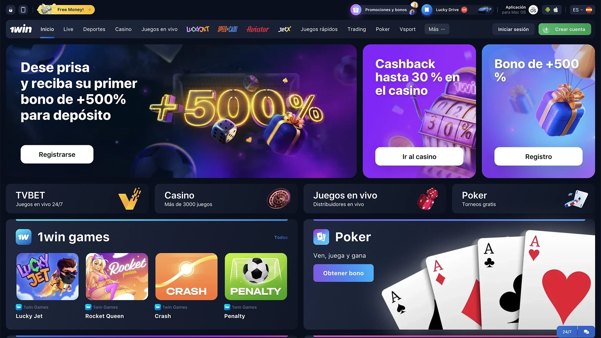 Página de inicio en la aplicación 1win.