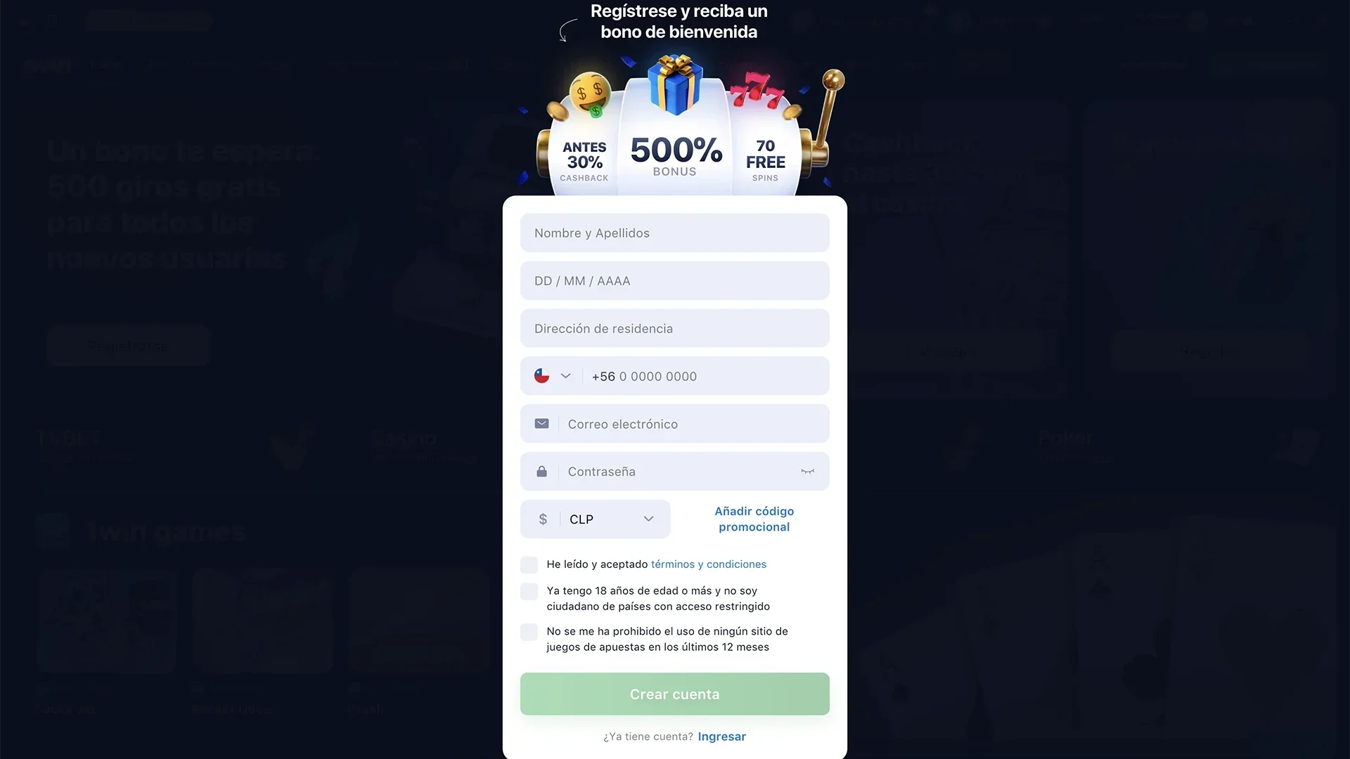 Formulario de inscripción en la aplicación 1win.