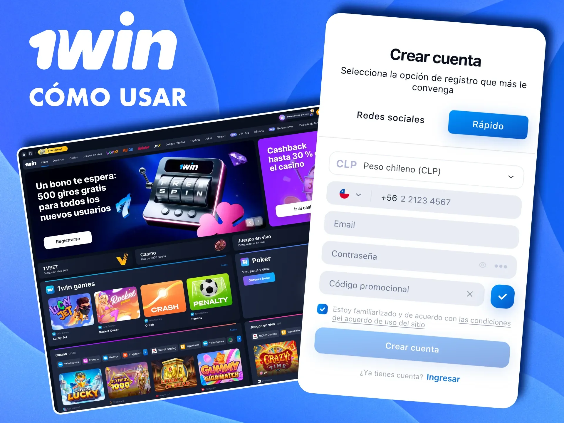 Regístrate en 1win y activa tu código promocional para obtener saldo extra.