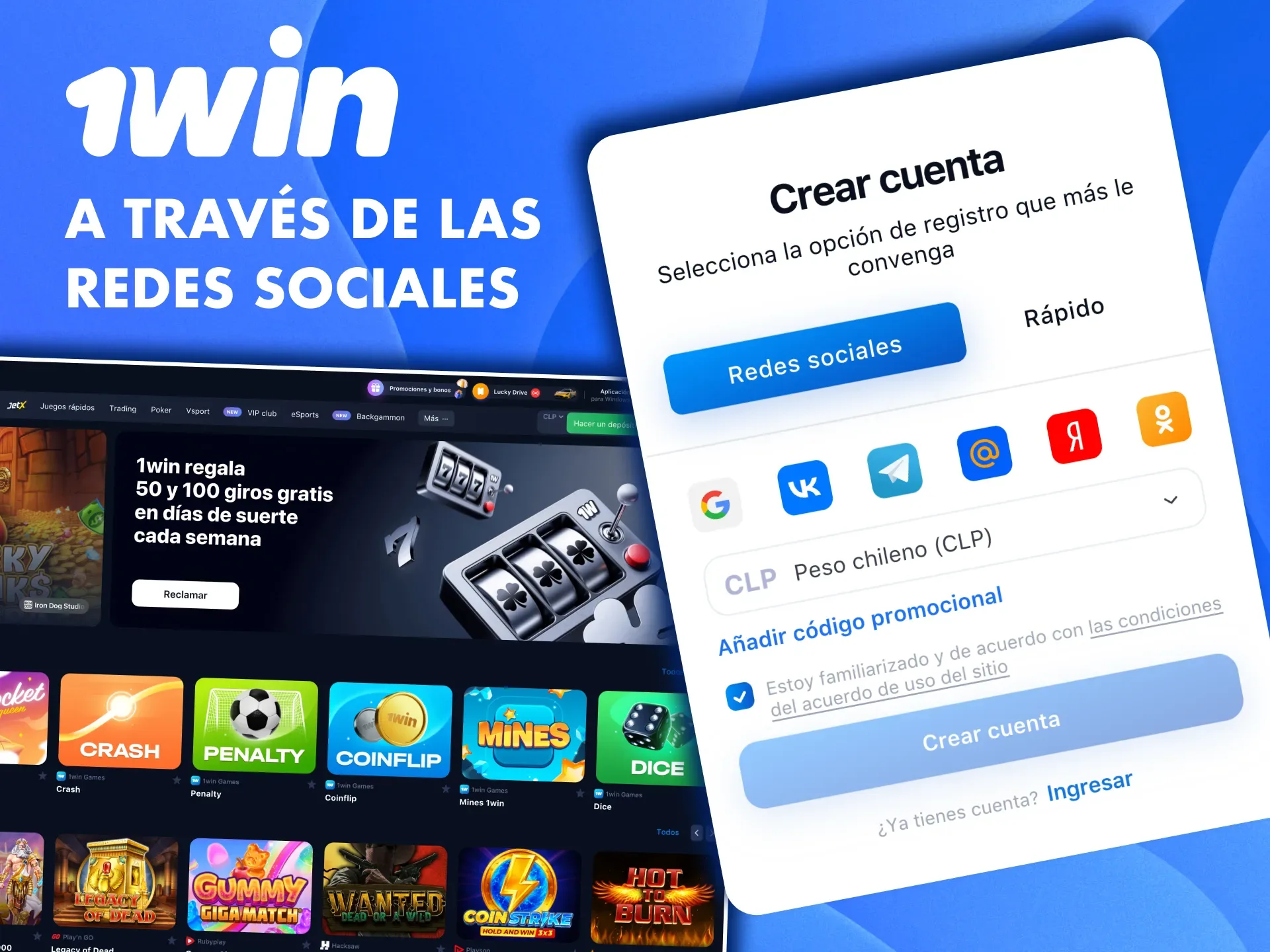 Ahorra tiempo en 1win con registro automático mediante redes sociales.