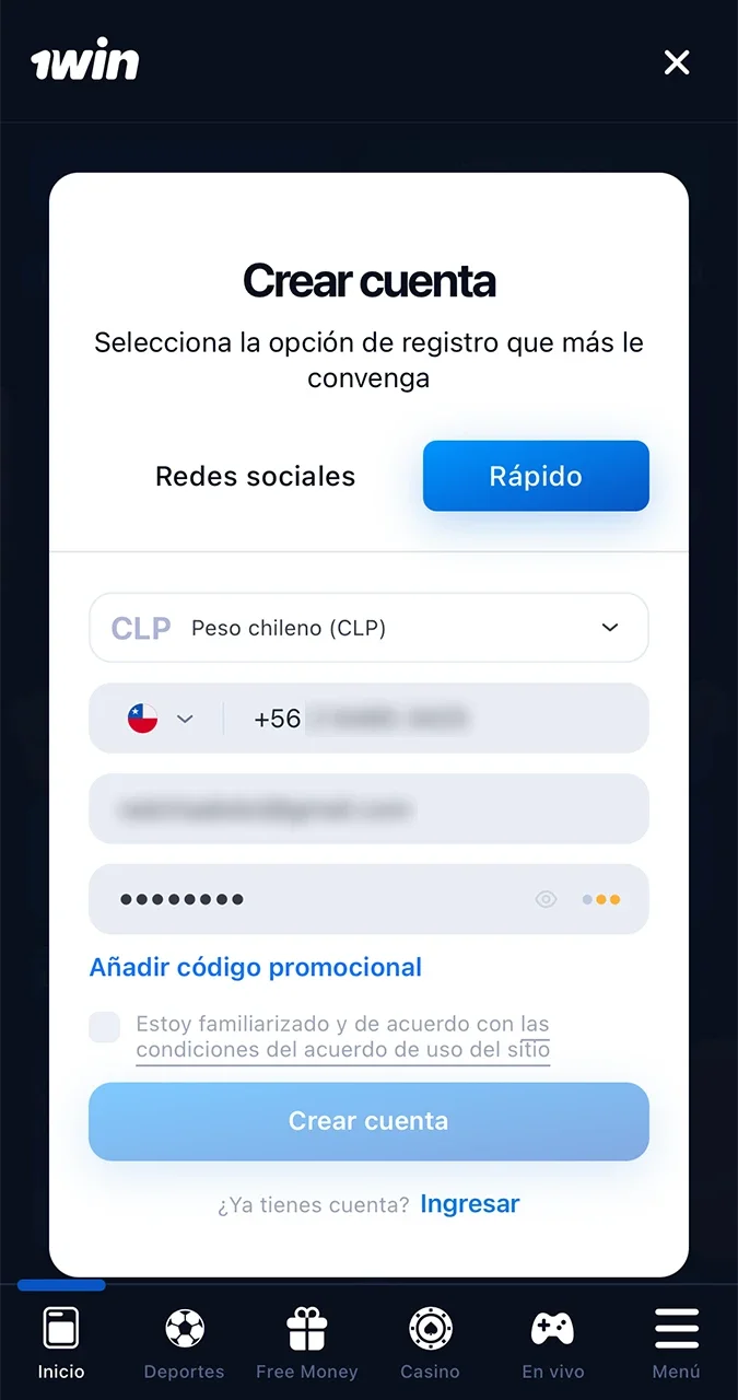 Introduzca sus datos válidos para registrarse en 1win.