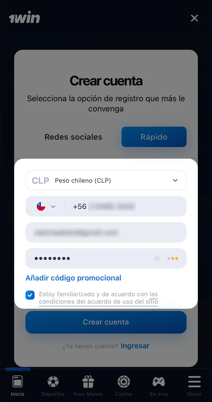 Asegúrese de introducir los datos correctos al registrarse en 1win.