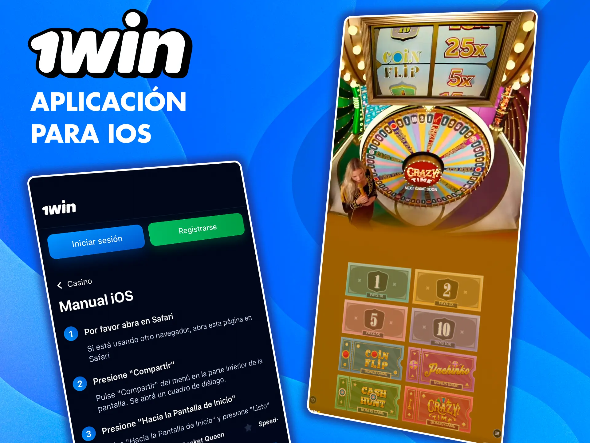 Descarga la aplicación para tu smartphone y accede rápidamente al juego Crazy Time de 1win.