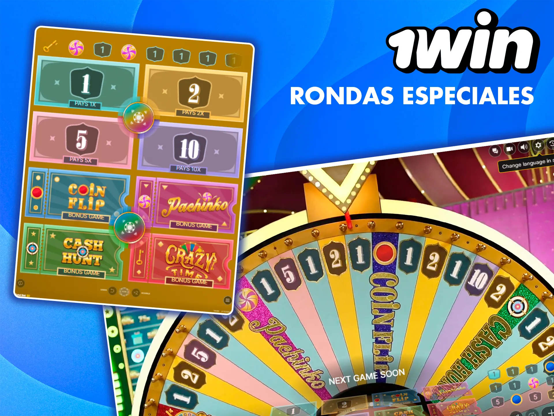 Descubre todo el potencial del juego Crazy Time de 1win jugando a las rondas de bonificación.