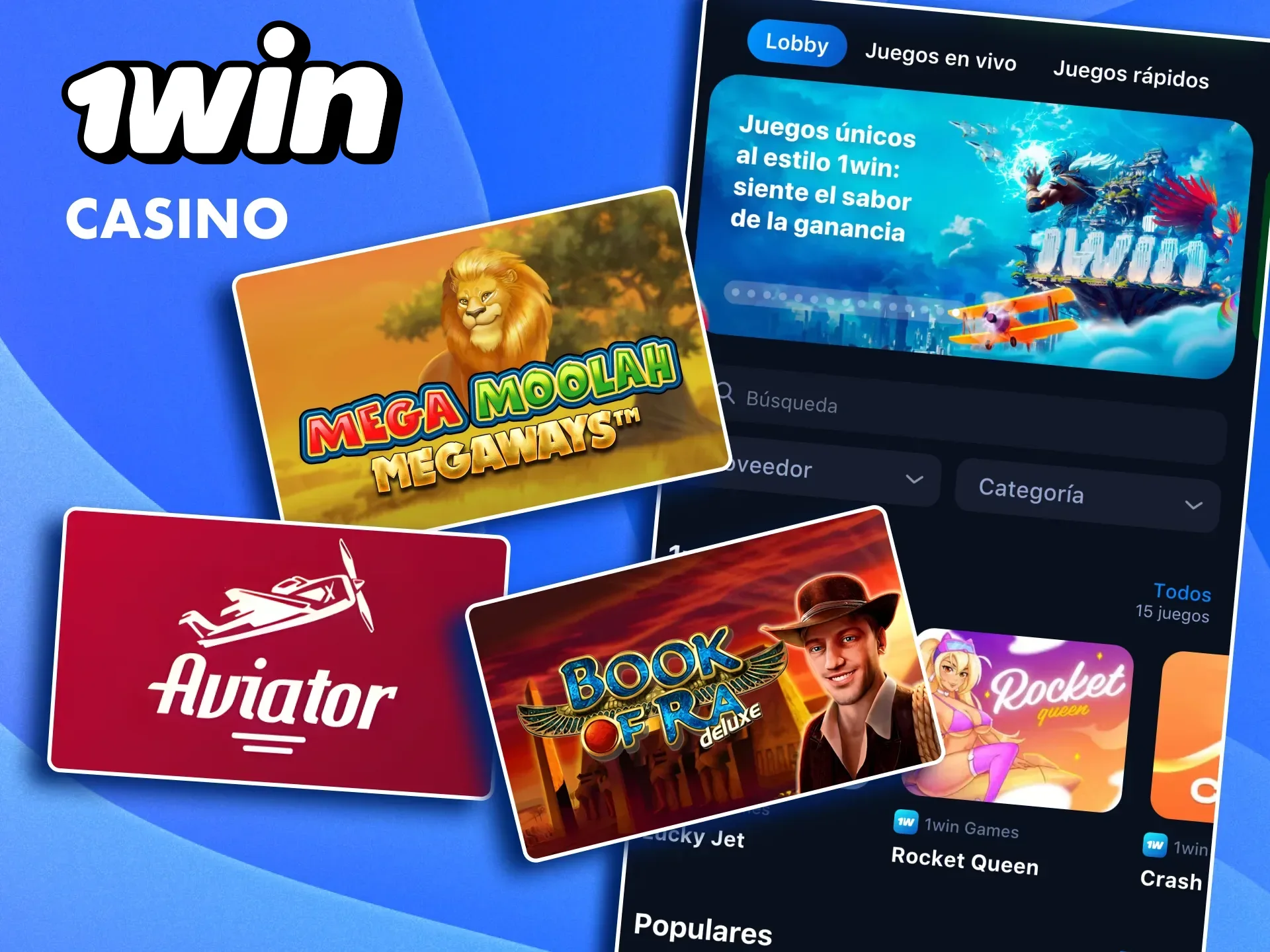 Explora la app de 1win y juega títulos como Book of Ra, Mega Moolah y Starburst.