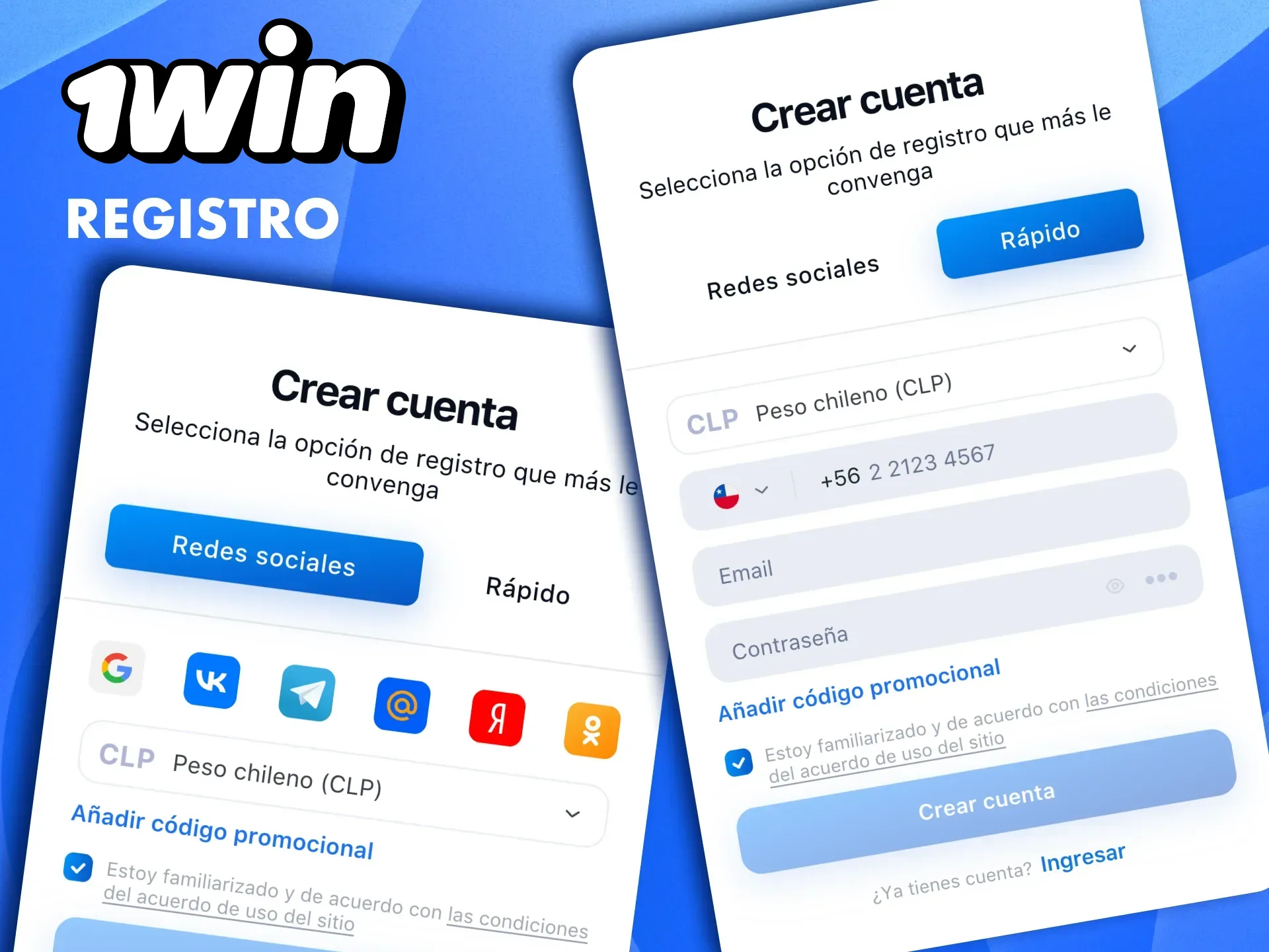 Crea tu cuenta en 1Win con el método rápido o usando redes sociales.