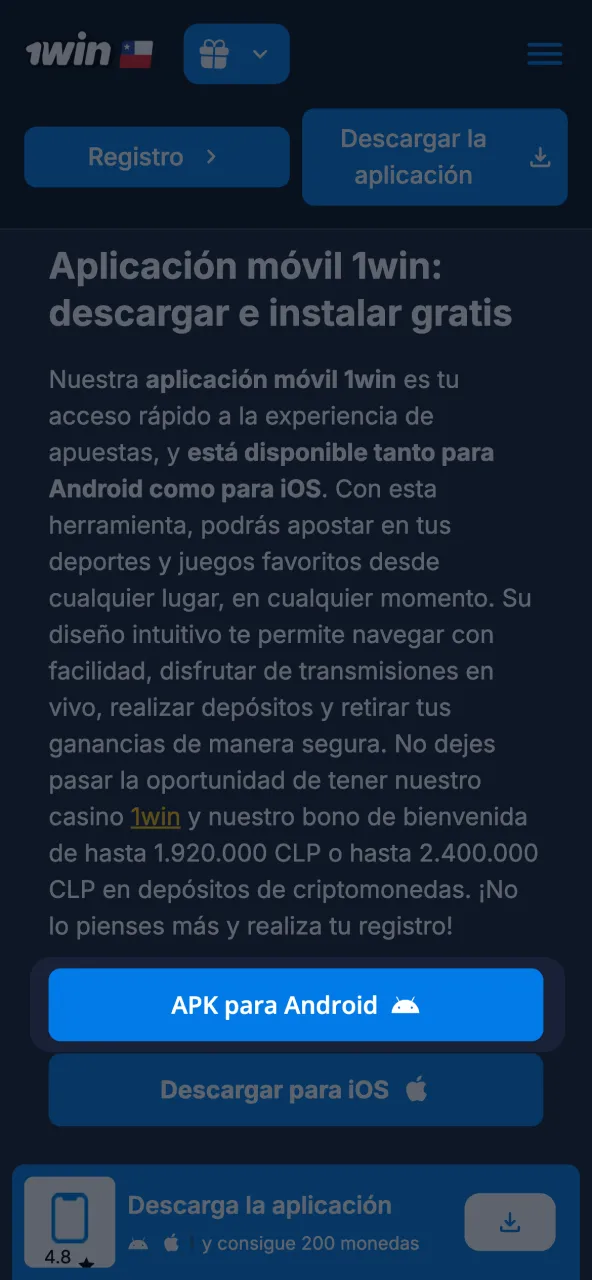 Seleccione el icono Android para acceder al sitio web de 1win y descargar la aplicación.