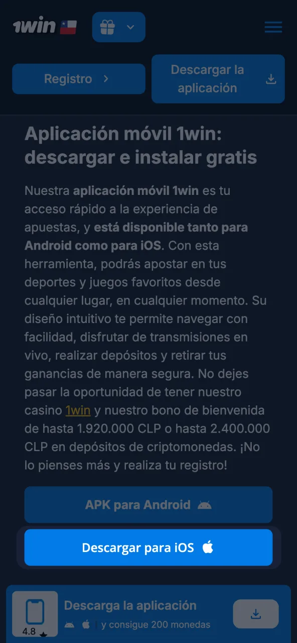 Para instalar la aplicación 1win, seleccione el botón del icono iOS.