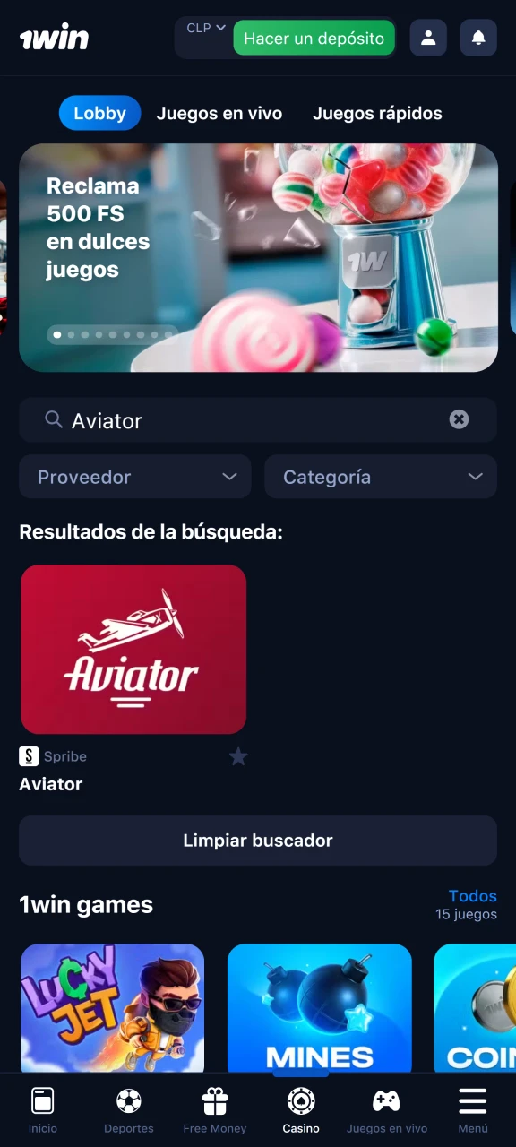 Encuentra el juego Aviator en la sección de casino de 1win.