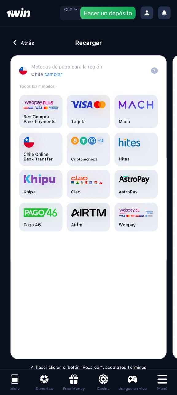 Realiza un depósito en tu cuenta de 1win.