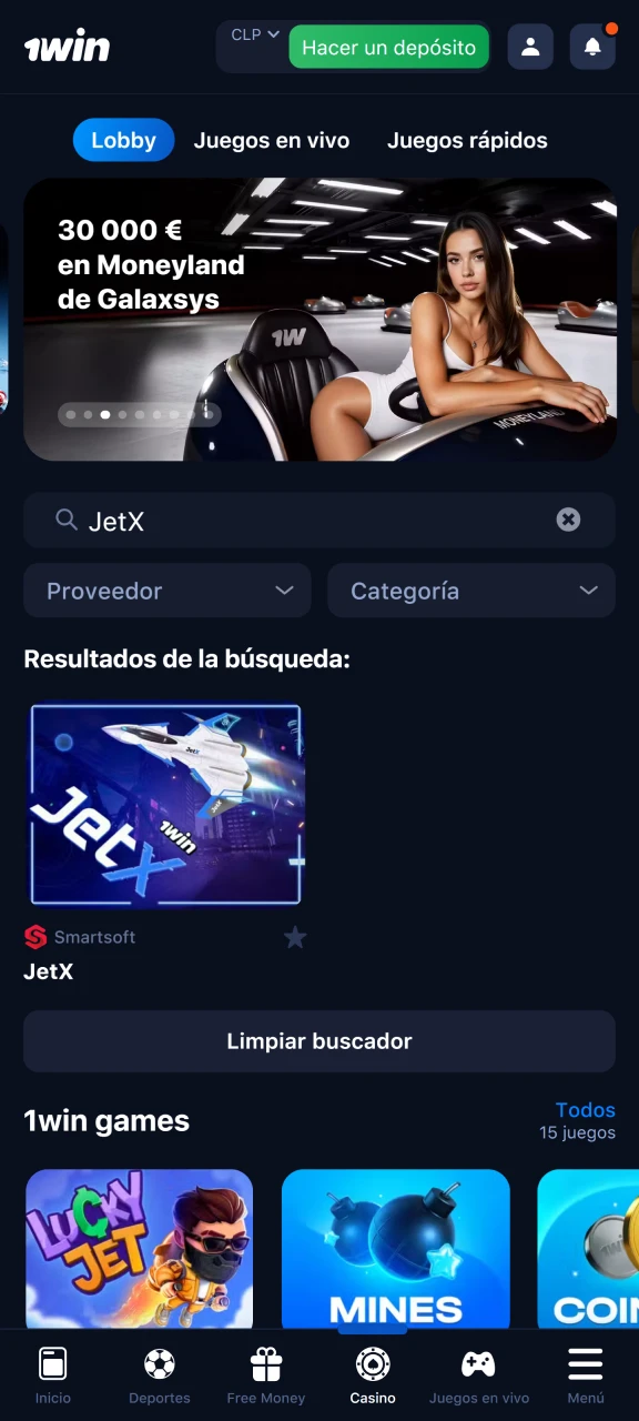 Abre la sección del casino 1win y busca JetX.