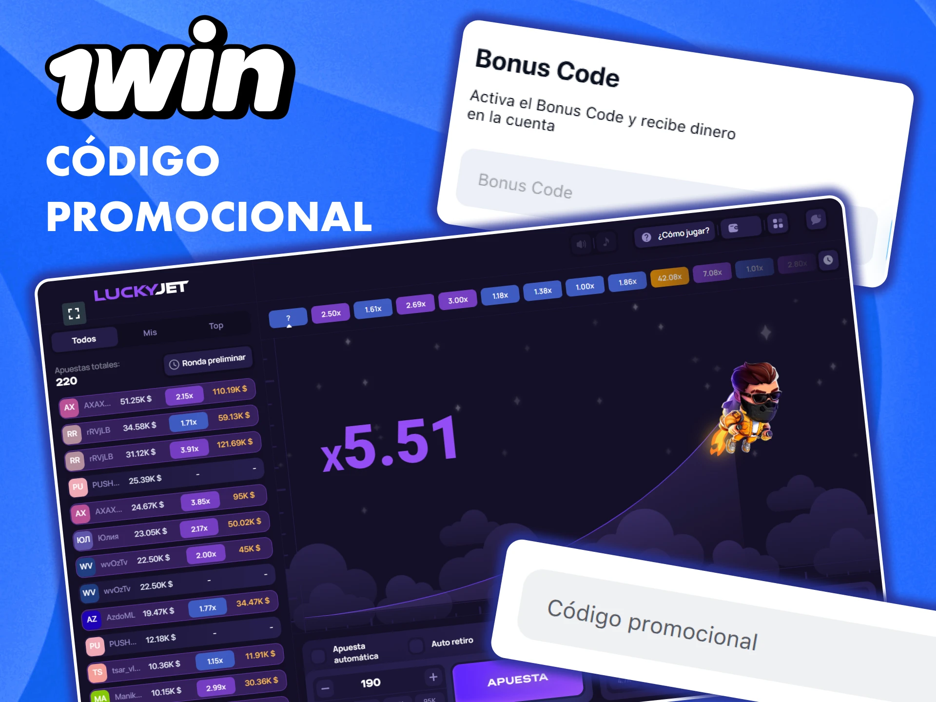 Introduce un código promocional en un campo especial en 1win y utilízalo en Lucky Jet.