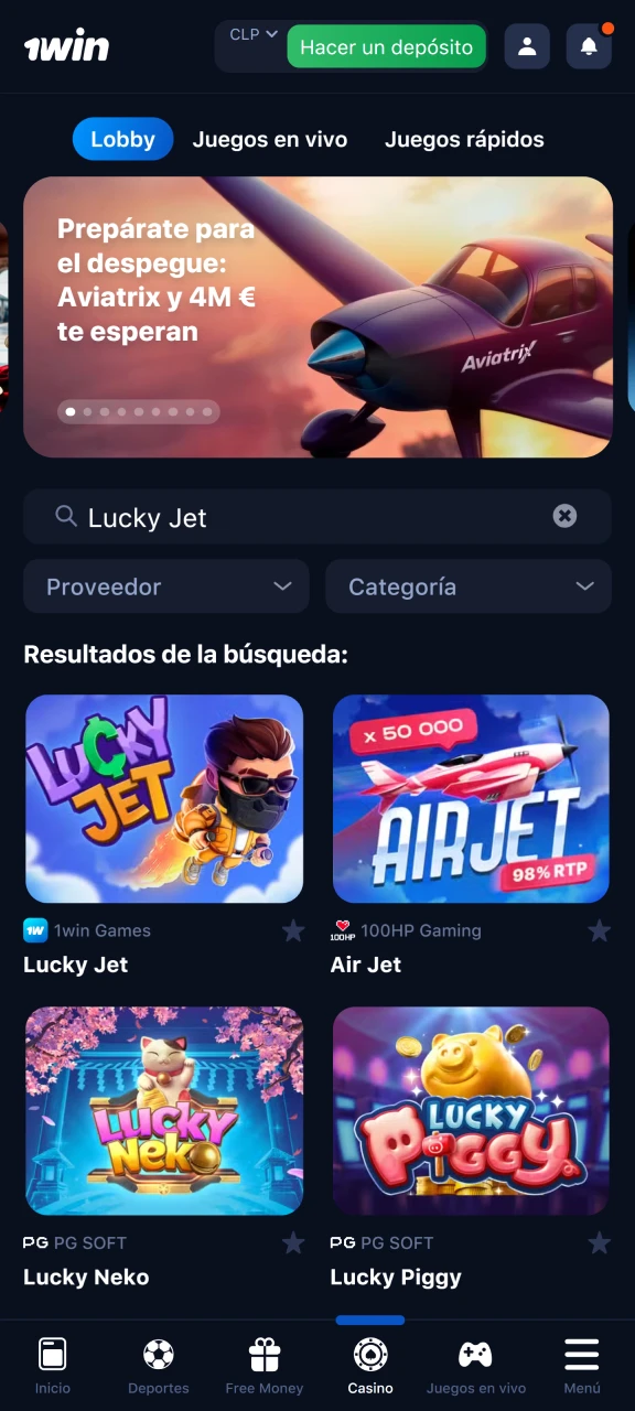 Busca Lucky Jet en el sitio web de 1win.