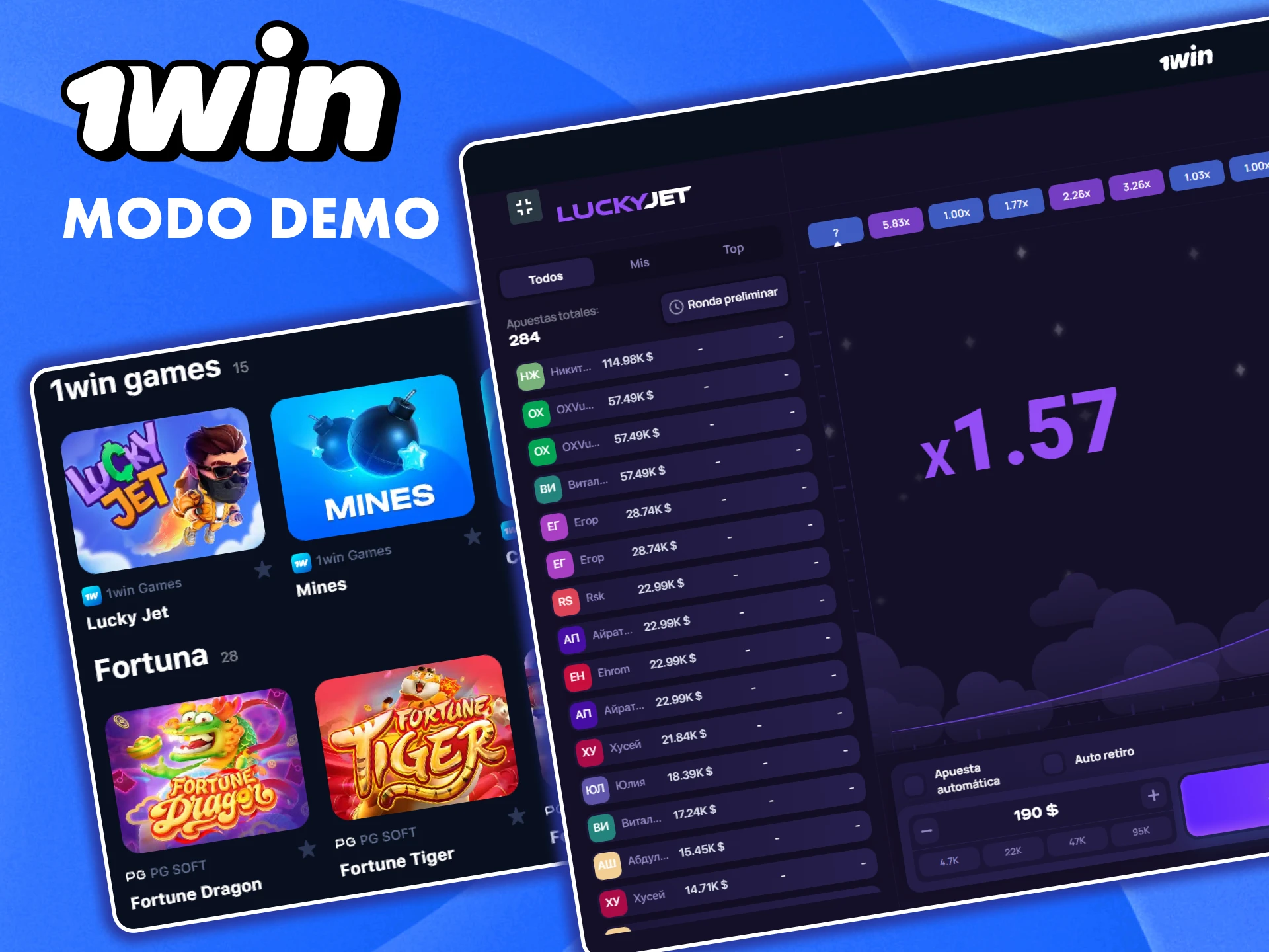La versión demo de Lucky Jet está disponible en 1win para los jugadores.