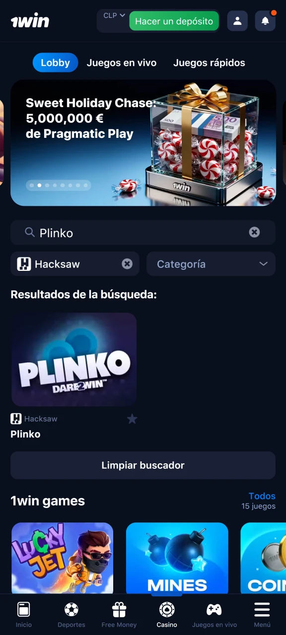 Abre la sección del casino 1win y busca Plinko.
