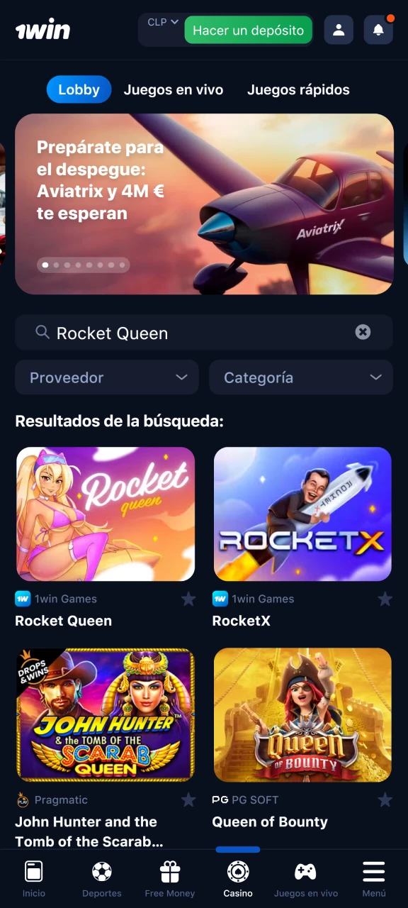 En la sección de casino de 1win, busca el juego Rocket Queen.