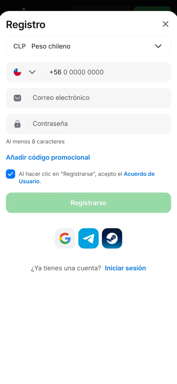 Formulario de 1win con correo, clave y número chileno.