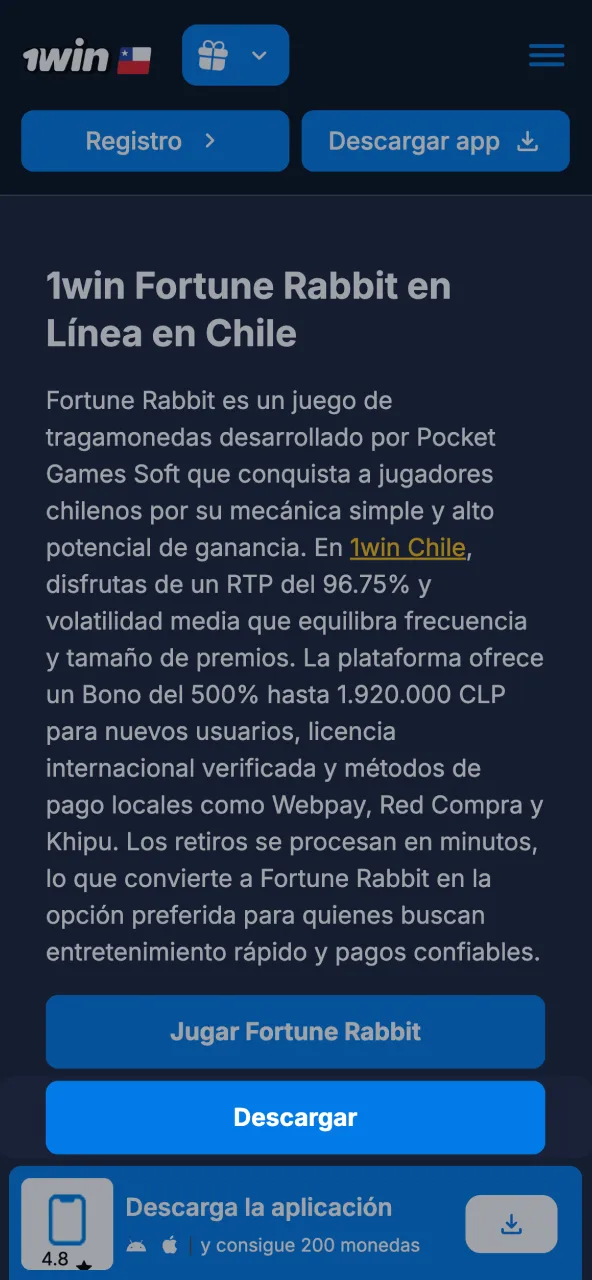 Guarda aplicación 1win tocando botón de descarga móvil.