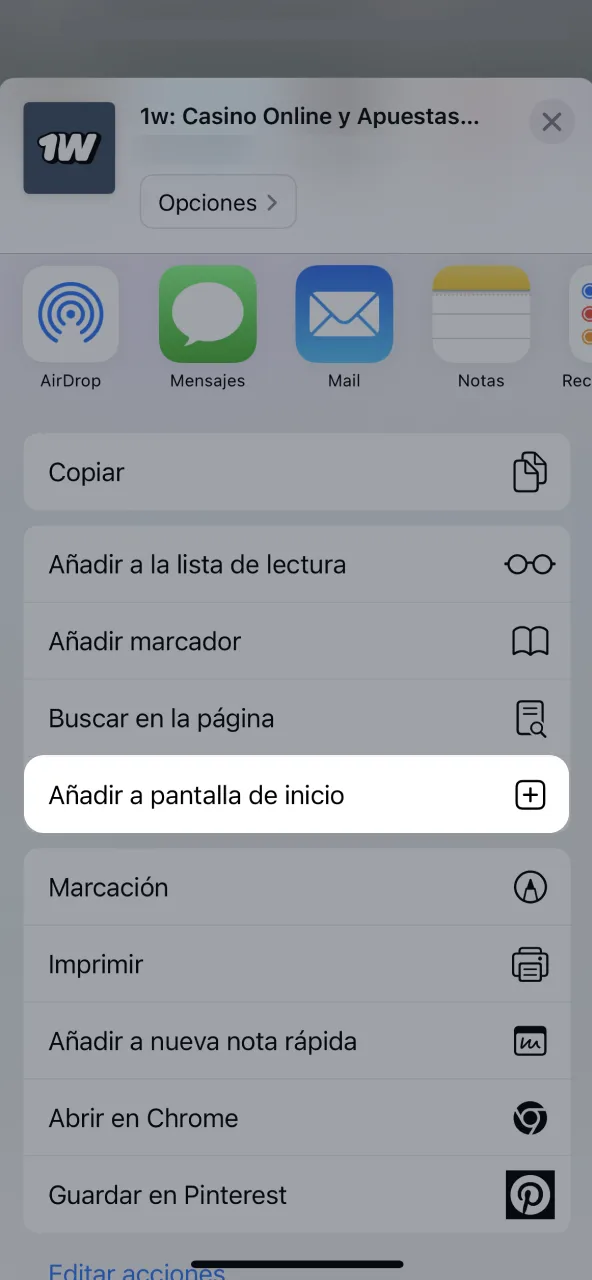 Crea un acceso rápido a 1win desde el menú.