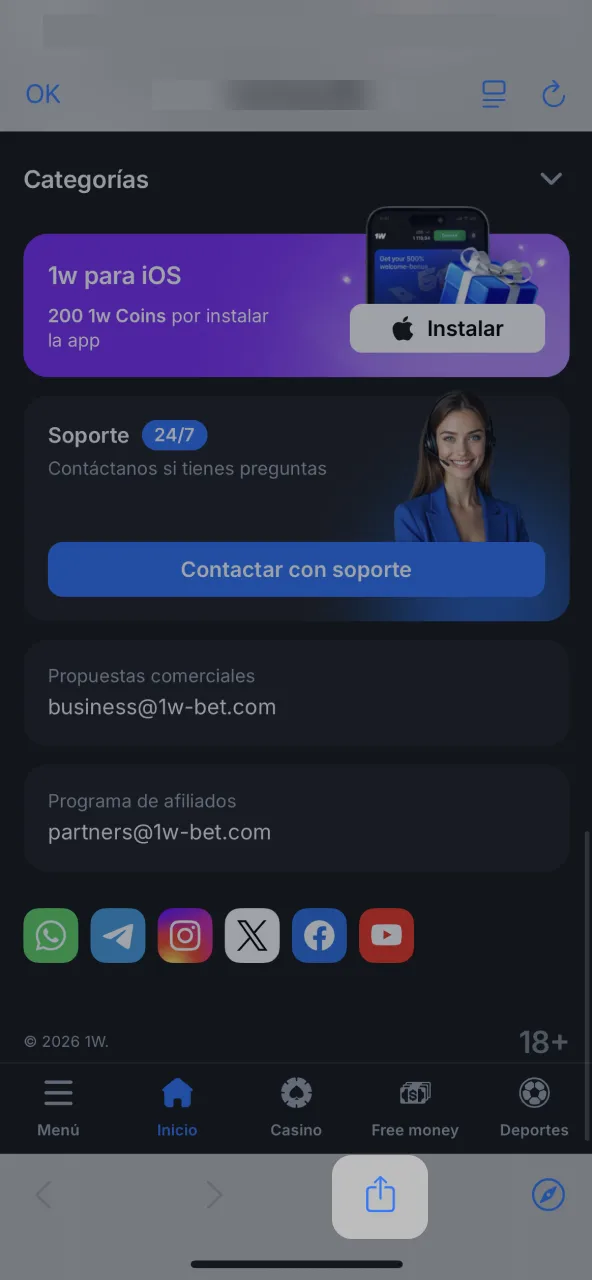 En Safari toca Compartir y continúa con 1win.