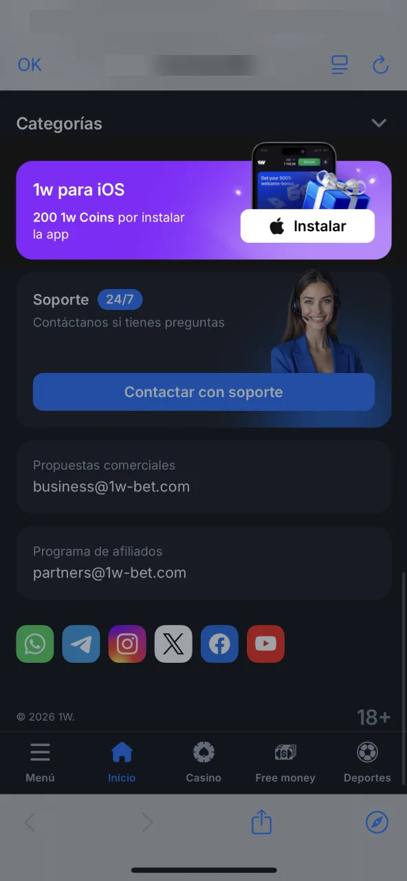 En 1win toca el botón iOS ubicado en la parte inferior.